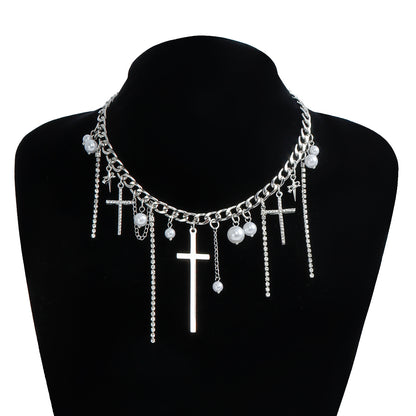 Diamond Cross Tassel Clavicle Chain Fashion Necklace