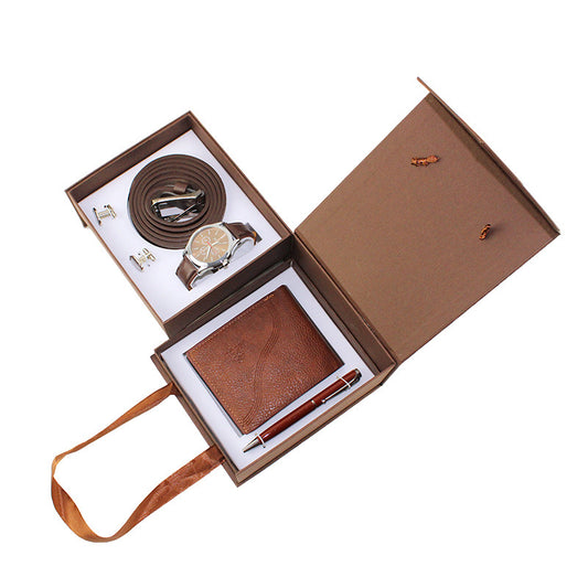 Men's Creative Packed Gift Box Watches Set Quartz Wrist Watch Belt Wallet Cufflinks Pen Suit Men's Gifts